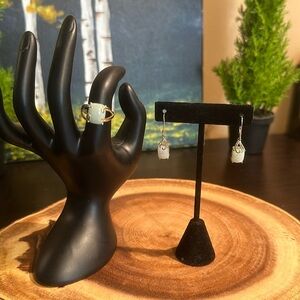 Estate piece 14 karat gold and silver white jade set earrings and ring size 7
